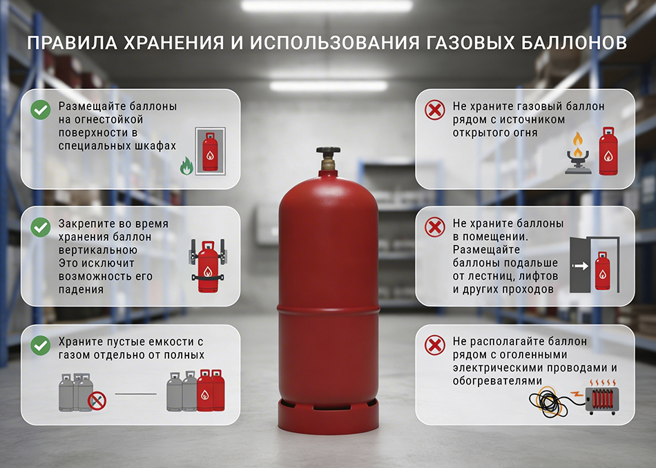 Памятка по правилам хранения газовых баллонов